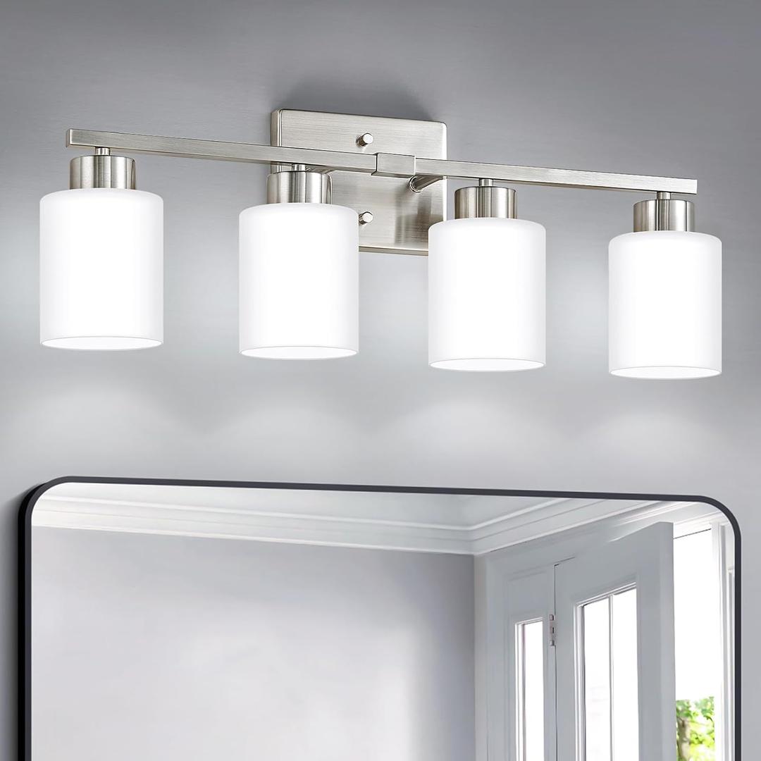 Brushed Nickel Bathroom Light Fixtures, 4-Light Modern Vanity Light Over Mirror, Wall Sconces with Milky White Frosted Glass Shades, E26 Socket (Bulbs Not Included)