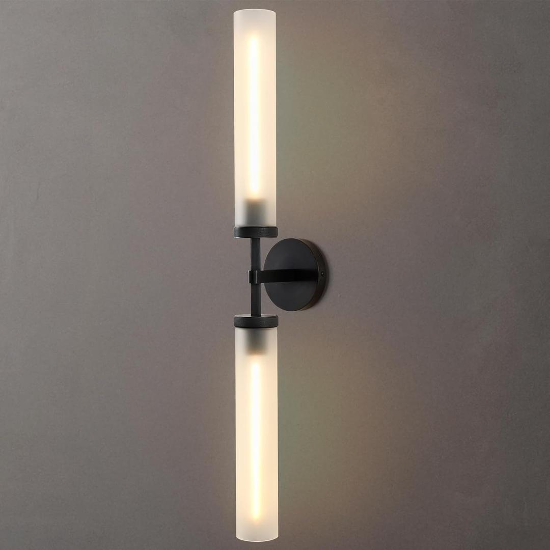 30" 2 Lights Hardwired Frosted Glass Bathroom Wall Sconces, Handmade Knurled Black Wall Light Fixture,Modern Vanity Light for Living Room,Hallway, Bedroom, Indoor Wall Lamp, Bulb Included (30-In-Black-1-Pack)