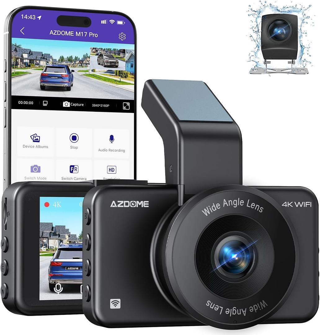 AZDOME ADAS Dash Cam Front and Rear 4K+1080P, Free 64GB Card, WiFi 6 Dashcam, Voice Control Dash Camera for Cars, Car Camera with Parking Assist, G-Sensor 24H Parking Mode Loop Recording (M17 Pro)