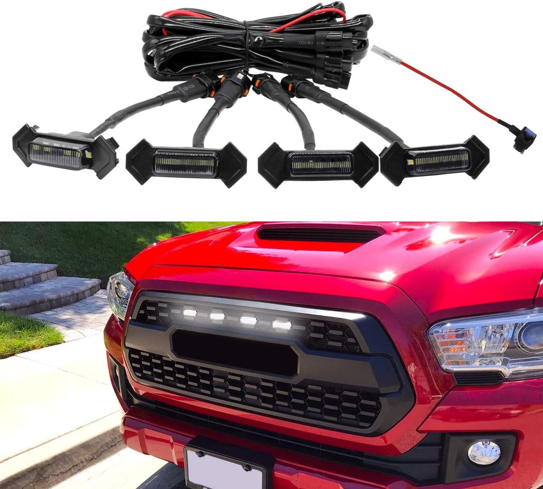 Seven Sparta 4 PCS Grill Led Lights with Fuse Adaptor Compatible with 2016-2023 Toyota Tacoma TRD Pro OEM Front Grille (White Light with Black Shell)