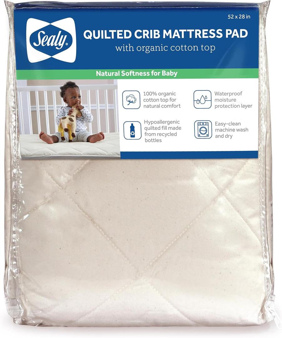 Sealy Baby Quilted Organic Cotton Top Breathable Fitted Waterproof Infant Crib Mattress Protector Pad and Toddler Bed Cover, Durable and Comfortable Topper, Machine Washable, 52” x 28”- Cream