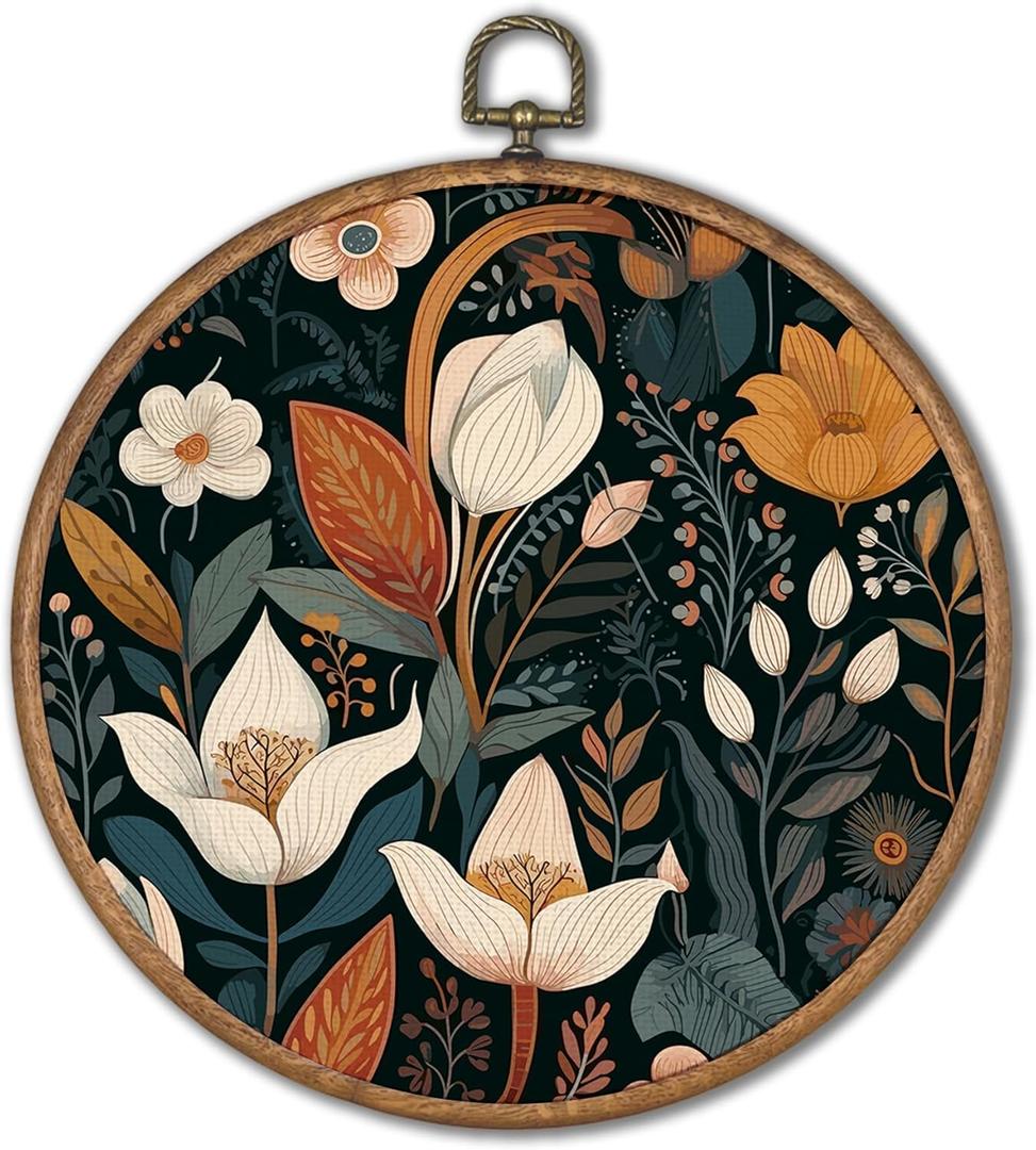 KSDUT Vintage Floral Wall Art Decor - Botanical Neutral Mid Century Modern Wall Art Canvas Frame Hanging Prints, Flower Landscape Round Wall Art Decor for Bathroom Home Gallery Decorations 10"x10" (Retro)