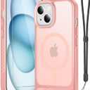 for iPhone 15 Case & iPhone 14 Case with Screen Protector+Lanyard Wrist Strap,Magnetic Translucent Matte Rugged Slim Phone Cover Built in Invisible Kickstand [Fit for MagSafe],Cute Pink