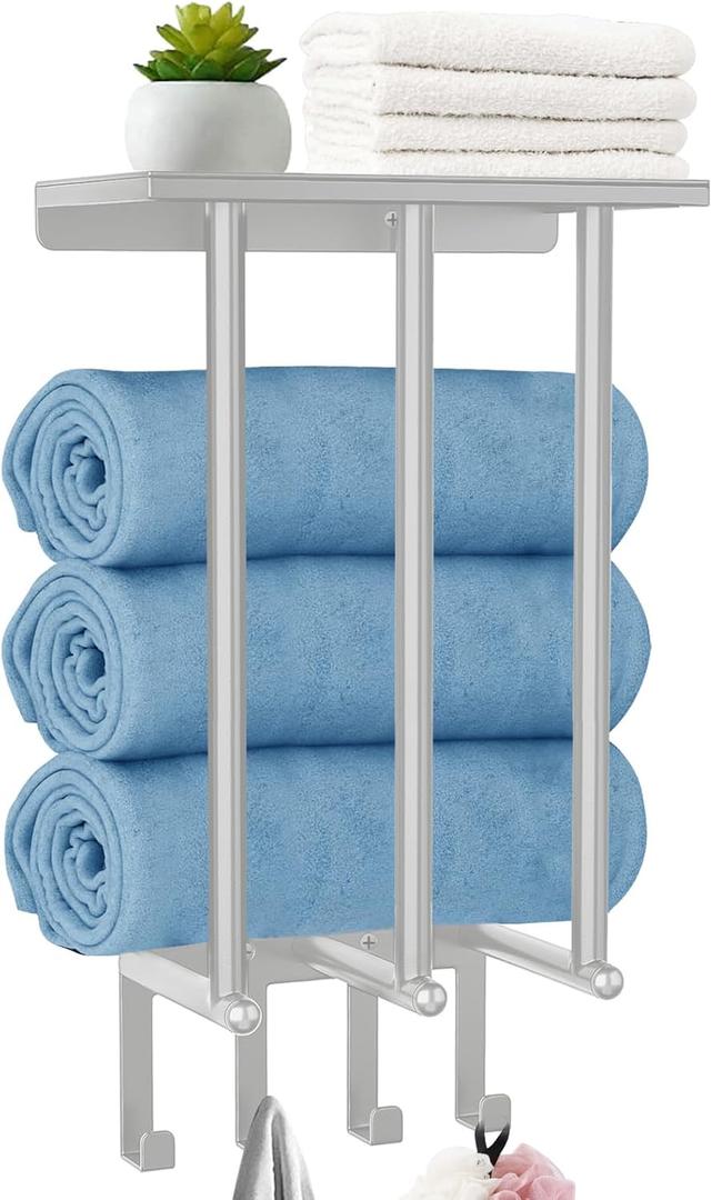 Bathroom Towel Rack with 4 Hooks - Wall Mount Towel Holder for Bathroom with Metal Shelf, Ideal Bathroom Storage Organizer and Decor Grey