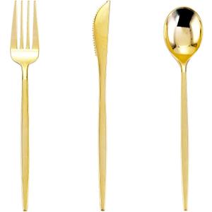 PULOTE 150PCS Gold Plastic Silverware Disposable - Heavy Duty Gold Plastic Cutlery - Gold Plastic Utensils Set Include 50 Knives,50 Forks,50 Spoons for Party&Wedding