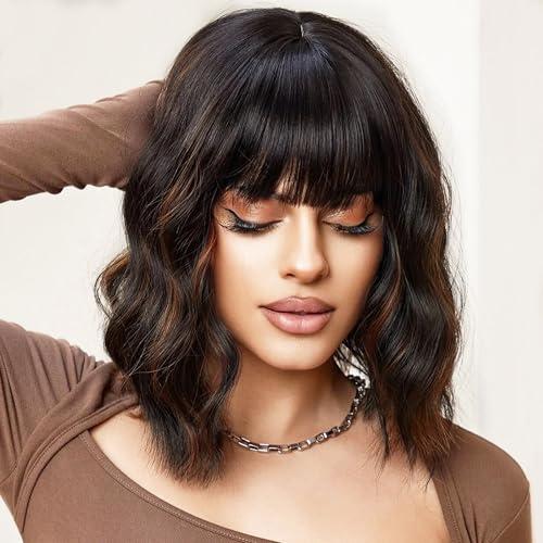 Miuric Black Mixed Brown Short Curly Wavy Wig with Bangs for Women Shoulder Length Bob Wig Women's Wigs Synthetic Heat Resistant Fiber Wigs for Daily Party Use (14 Inches)