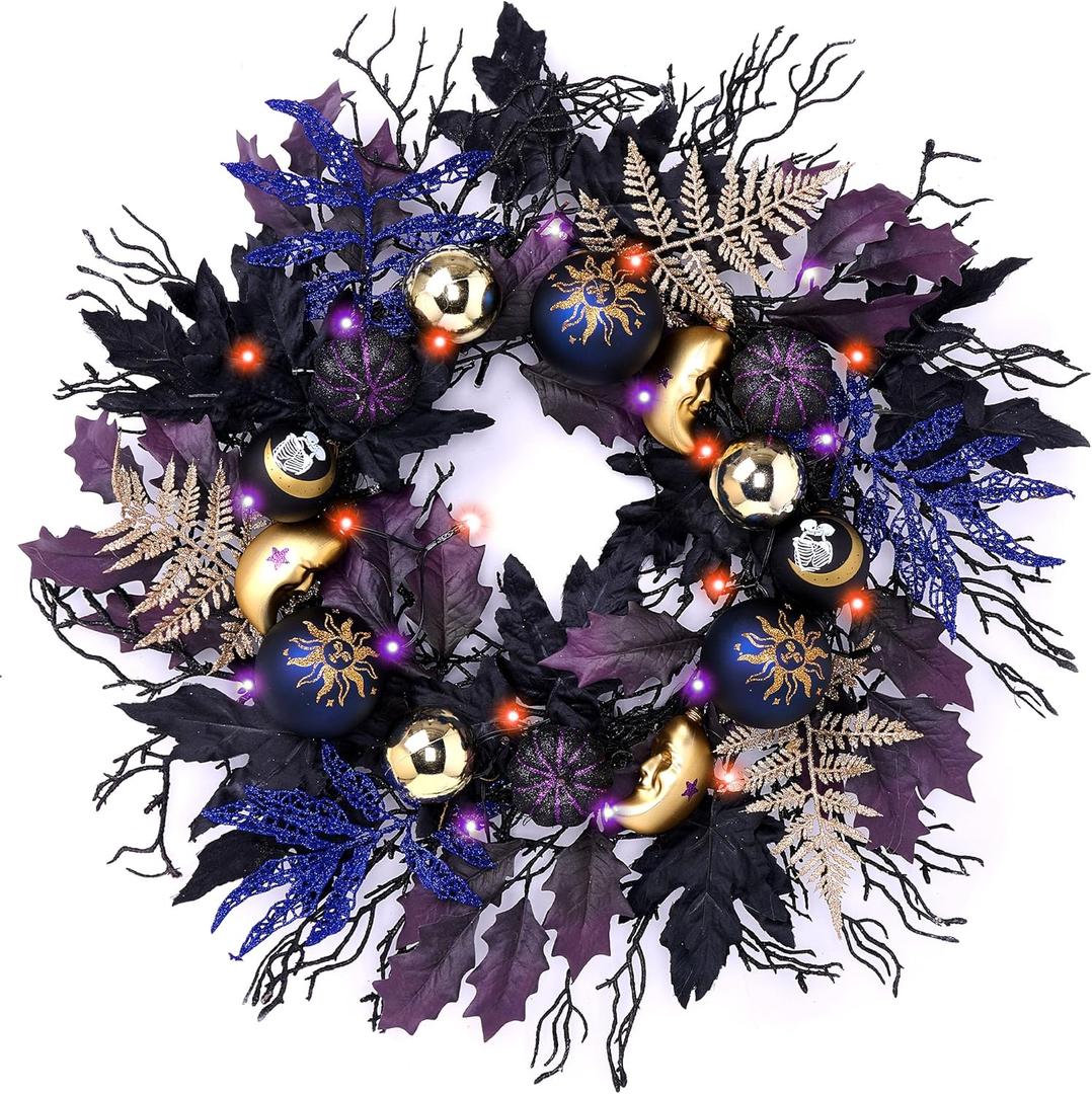 DecorbyHannah Collapsible Halloween Door Wreath, 24 Inch Light Up Black Halloween Wreaths for Front Door with Maple, Pumpkins and Witch Ornaments Decorations Indoor Outdoor for Porch Window
