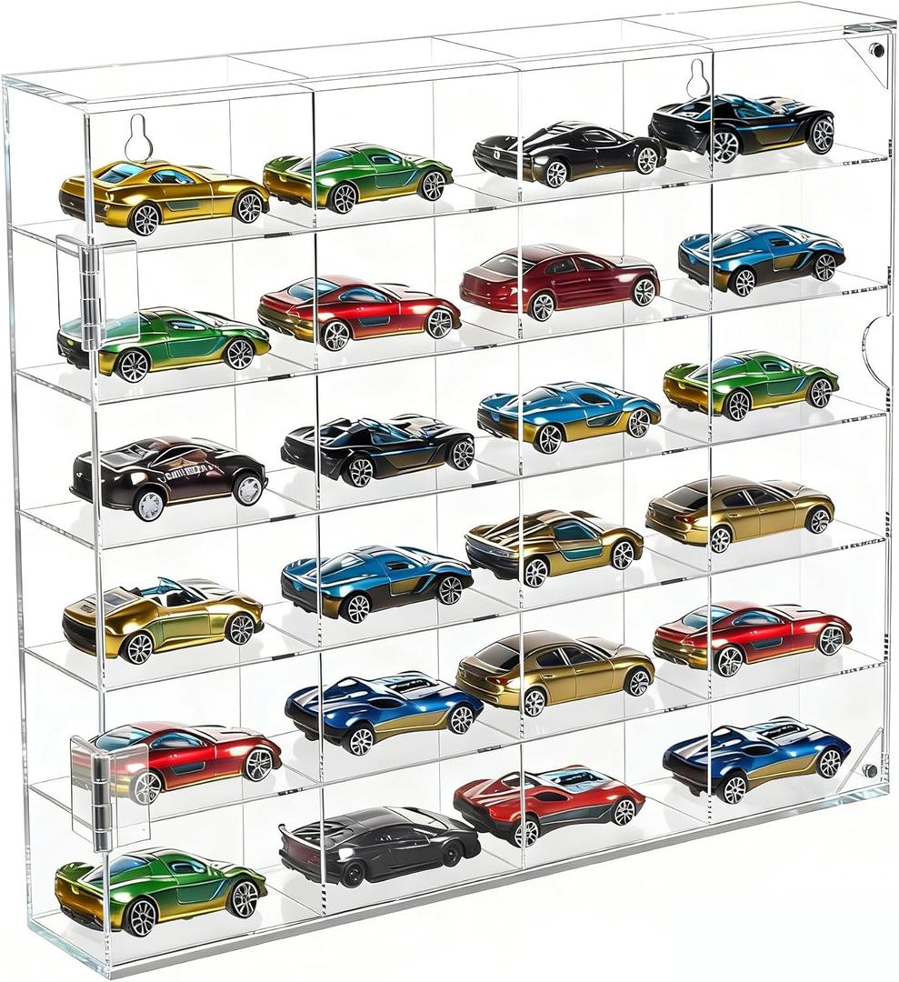 JUESHA Acrylic Display Case for Hot Wheels Storage 1/64 Scale, 6 Levels 24 Slots Toy Cars Showcase Wall Mount or Desktop, Clear Display Organizer for Diecast Matchbox Model Car Tabletop