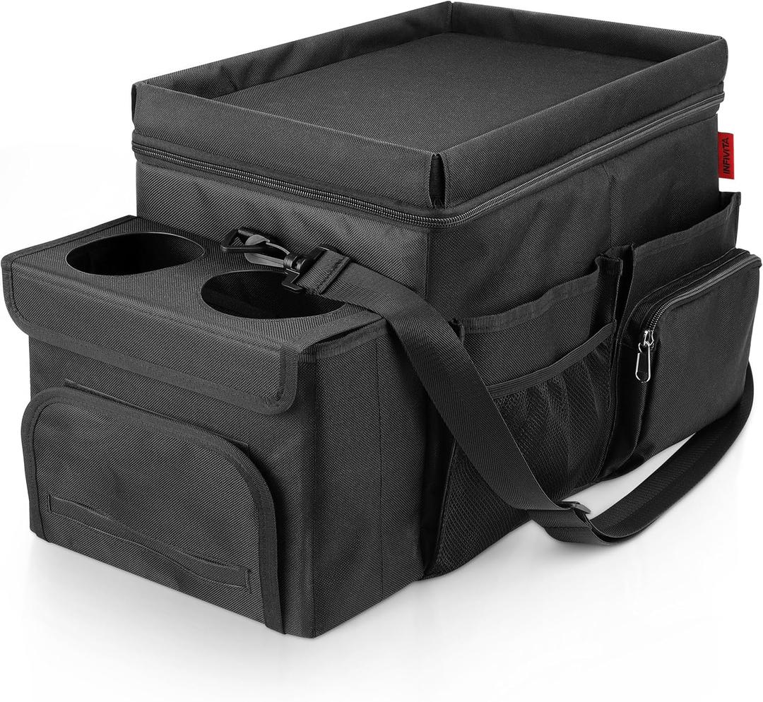 Waterproof Car Organizer with Lid, Car Cooler Bag with Cup Holder and Tissue Box (Large)