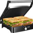 OSTBA Panini Press Grill with Adjustable Temperature, 4-Slice Indoor Grill, 180 Open Sandwich Maker with Drip Tray, Non-Stick Plates, Stainless Steel, 1200W