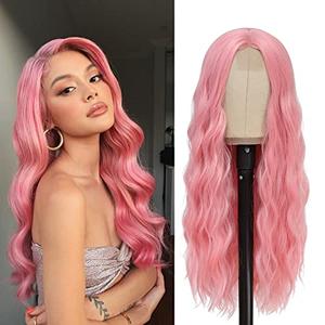 YBYMCAI Pink Wig - Long Pink Wavy Wigs for Women Middle Part Pastel Pink 26 inch Natural Curly Synthetic Wig Heat Resistant Fiber Wigs for Daily Party Use