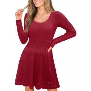 Wenrine Womens Long Sleeve Sweater Dress Knit Crochet Casual A Line Flowy Skater Mini Dresses (Burgundy) Small