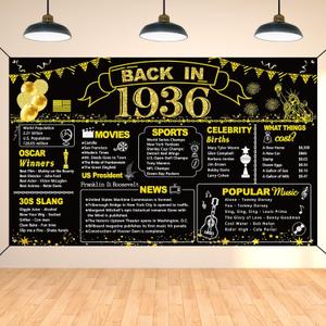 DARUNAXY 90th Birthday Black Gold Party Decoration, Back in 1936 Banner 90 Year Old Birthday Party Poster Supplies, 6x3.6ft Large Fabric Vintage 1936 Backdrop Photography Background for Men and Women
