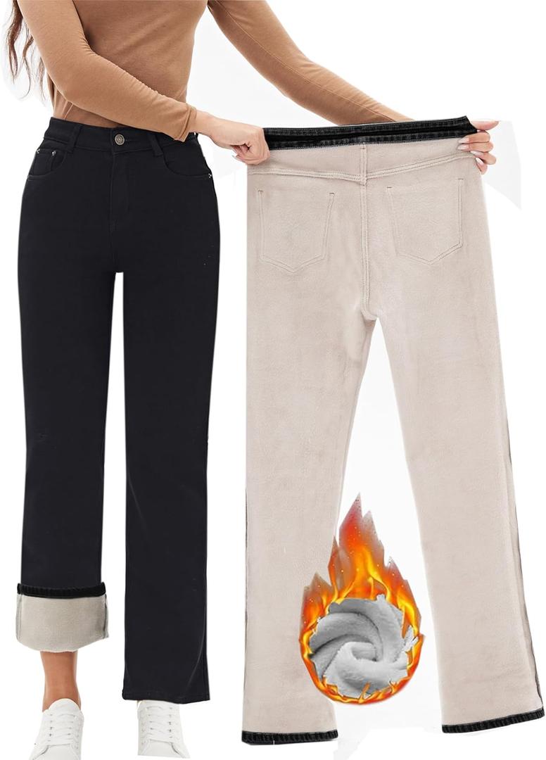 Yehopere Women's Fleece Lined Jeans Straight Leg Wide Jeans Winter Sherpa Flannel Lined Thermal Denim Pants (Formal Black)