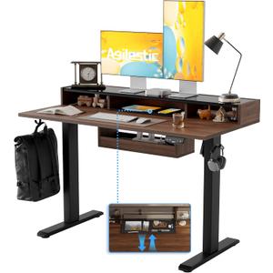 Agilestic Glass Standing Desk with Storage, 48 Inch Electric Adjustable Desk with Glass Shelf and Cable Management, Sit Stand Up Home Office Computer Table, Splice Board, Dark Walnut