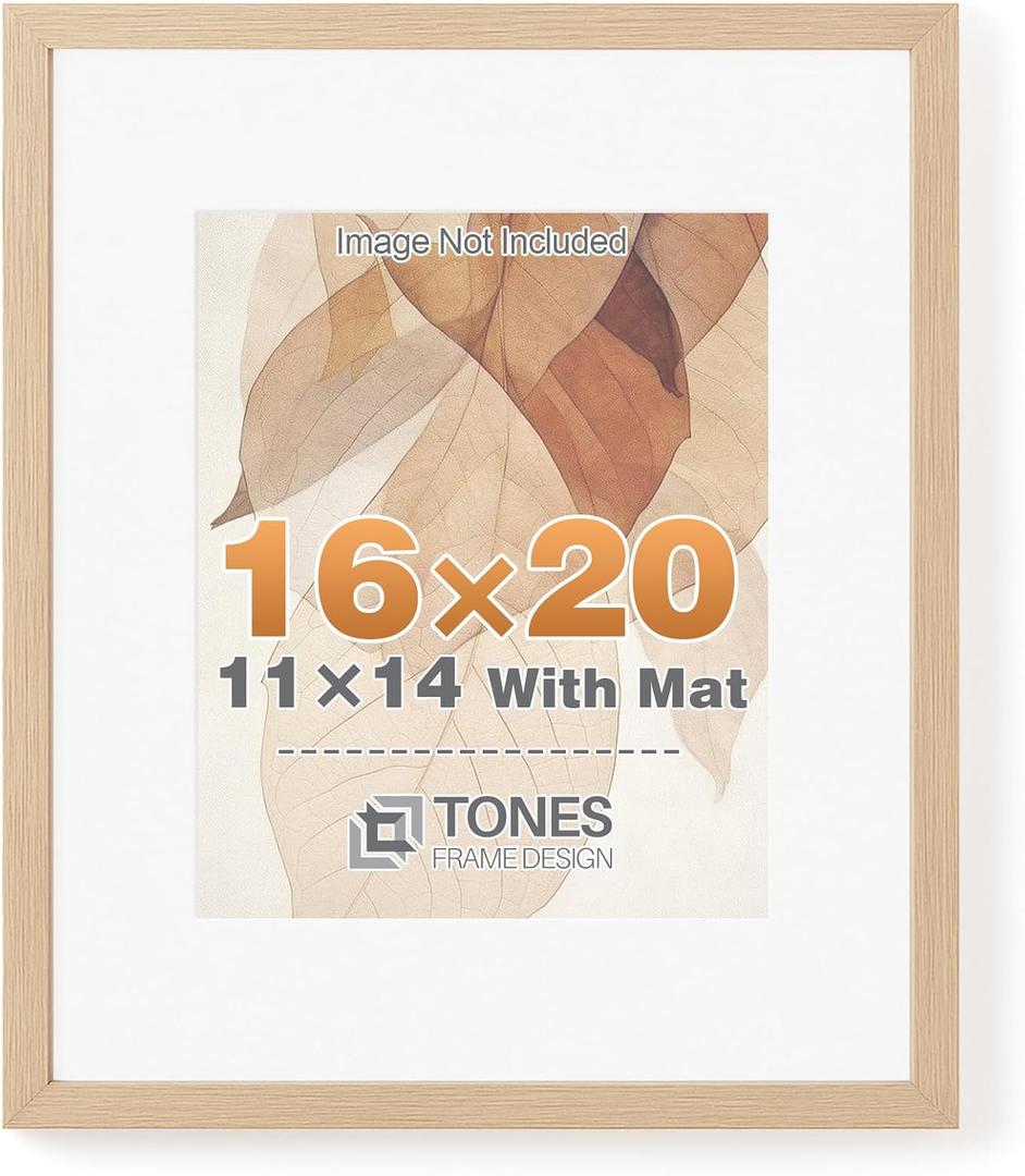 TONES FRAME DESIGN 16x20 Solid Wood Frame,Natural Oak Wood Picture Frame can Display Photo 11x14 With Mat or 16 x 20 Without Mat,Single Poster Frame for Wall Home Decor