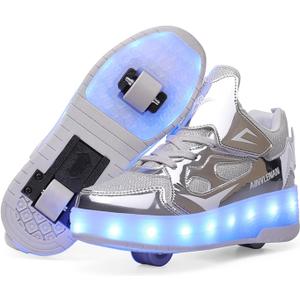 YTFCstep Roller Skate Shoes for Boys and Girls Kids LED Light Up Fashion Sneakers with Rechargeable and Detachable Wheels The Gift for Party Birthday Christmas Day,6.5 Big Kid,Silver, 40