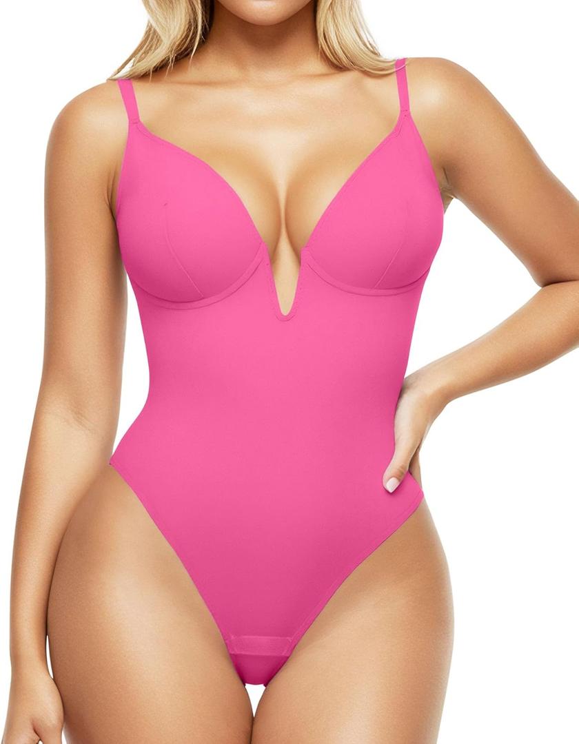 Popilush Shapewear Bodysuits for Women - Tummy Control Body Suits for Womens Deep V Corset Tops Thong Concert Outfits, Large, Pink
