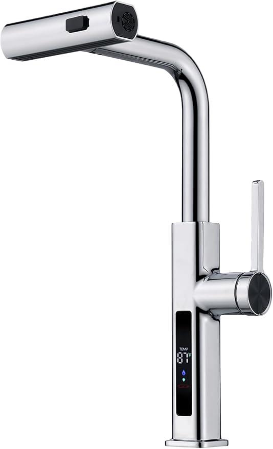 Lefton Pull-Out Waterfall Kitchen Faucet with Temperature Display, Two Water Outlet Modes, Single Hole, Chrome, KF2209-1
