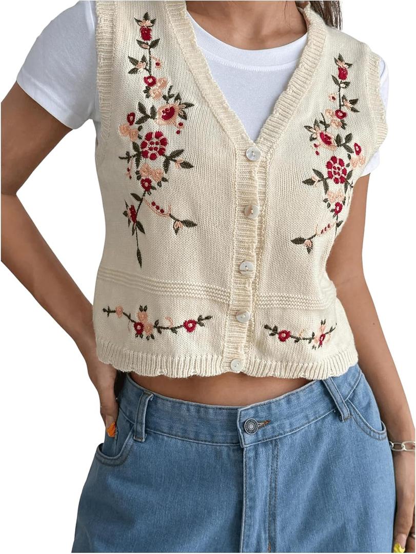 WDIRARA Women's Floral Embroidered Button Front V Neck Sleeveless Knit Sweater Vest (Medium, Multicolor)