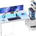 PRAISUN 61.7" Gaming Desk with LED Lights & Outlets, Computer Desk with 3 Fabric Drawers, PC Desk with PC Case Stand & Movable Storage Shelves, Monitor Stand, Reversible, White