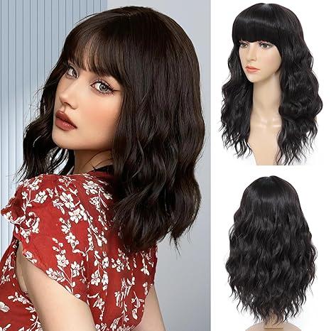 Mairead Short Brown Wig With Bangs Dark Brown Wavy Bob Wig With Bangs For Women Synthetic Heat Resistant Wigs for Halloween Costumes Cosplay Daily (Dark Brown)