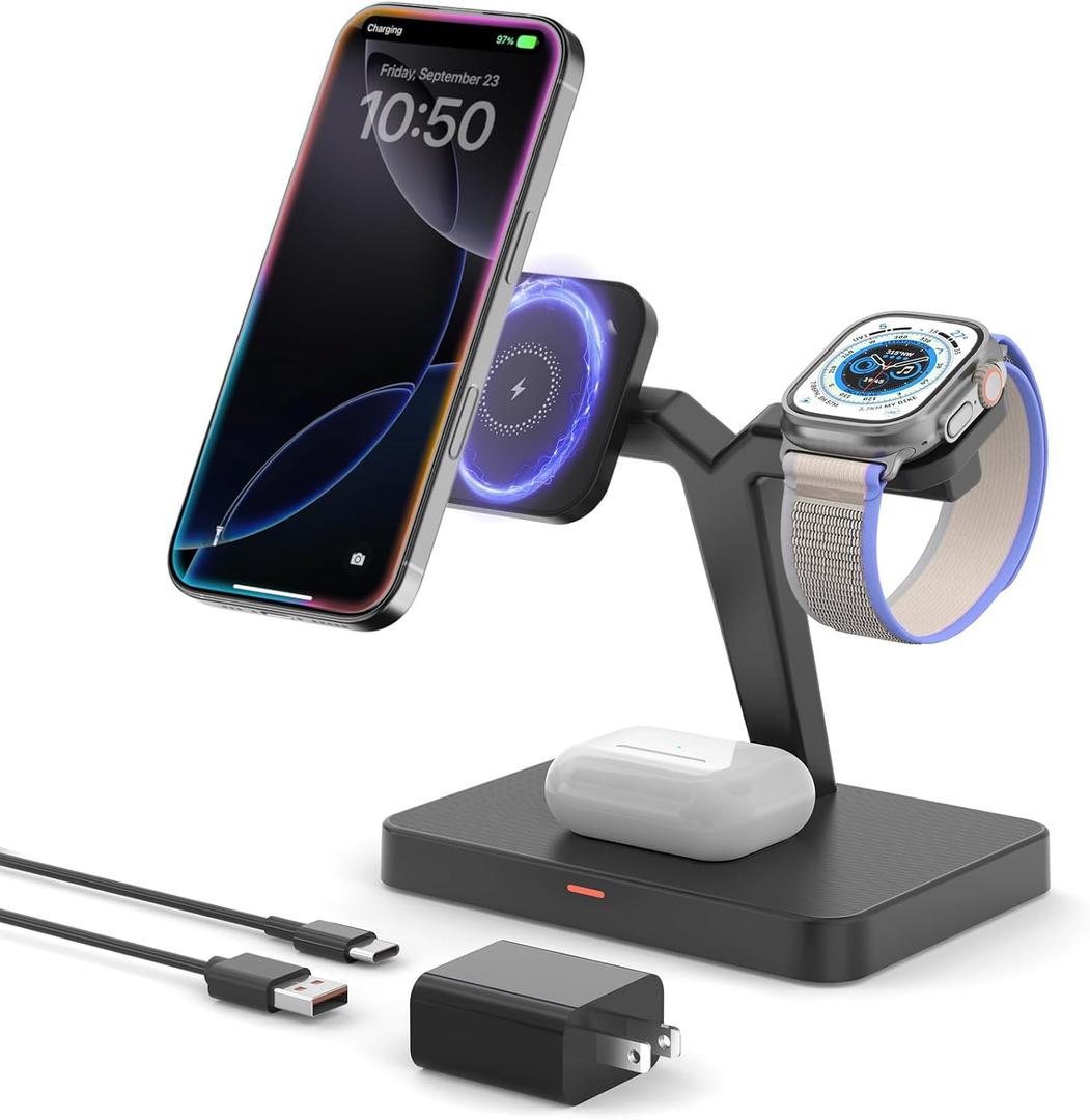 3 in 1 MagSafe Wireless Charger Stand : JoyGeek Foldable Portable Station for iPhone 17 16 15 Plus Air, Apple Watch Series 11 10, AirPods 4 (Black)