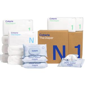 Coterie Baby Wipes + Diapers Kit, Size 1 (99 Count) & Size N Diapers (186 Count), 4 Pack Baby Wipes with 99% Water, Plant Based Materials, Hypoallergenic for Sensitive Skin