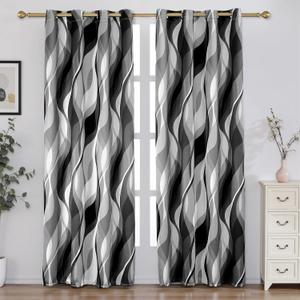 weesire Black and Grey Blackout Curtains Modern Striped Decorative 100% Light Blocking Darkening Grommet Grey Curtain for Living Room Villa, Bedroom Gray and White 2 Panels Set, 52x84 Inches