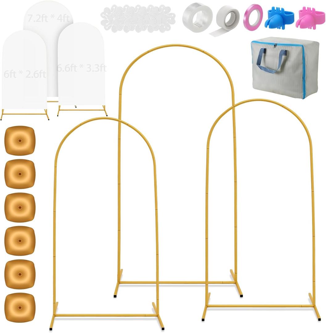 3pack Gold Metal Arch Backdrop Stand and Cover Set, 6ft 6.6ft 7.2ft Reusable Wedding Arch Back Drop Stand with White Cover, Water Weight, Bag for Birthday Party Baby Shower, Ceremony Bridal Decor