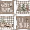 Lanpn 16x16 Christmas Throw Pillow Covers Set of 4, Brown Merry Christmas Pillow Covers, Xmas Tree Pillowcase Holiday Pillow Case Decorative Cushion Cover for Room Couch Sofa Home Decor