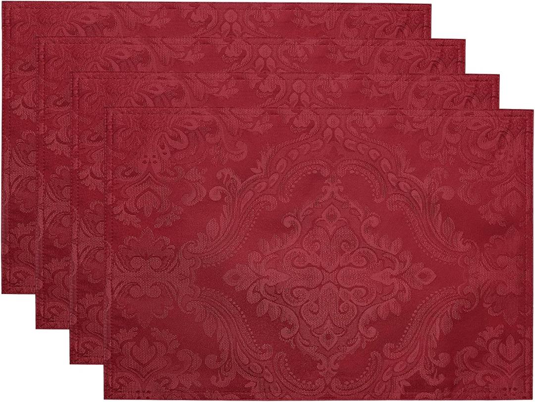 Elrene Home Fashions Caiden Elegance Damask Waterproof, Stain & Wrinkle Resistant Fabric Placemats (Set of 4), 13" x 19", Red