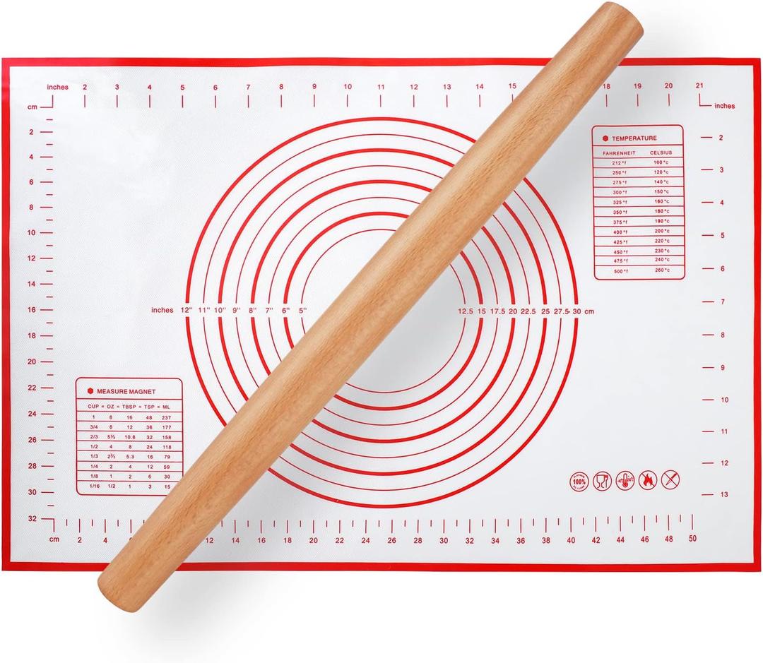 Wood French Rolling Pin for Baking, QUELLANCE Wooden Dough Roller with Silicone Baking Mat, Beech Wood Rolling Pins for Baking Dough, Pizza, Pie, Pastries, Pasta and Cookies, Red Pastry Mat