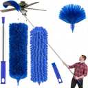 Buysenton Cobweb Duster with Extension Pole, Washable Cleaning Duster Kit with 3 Duster Heads, Cobweb Duster, Corner Brush, 15-100 Inch Long Aluminum Telescoping Pole for Ceiling Fan (Blue)