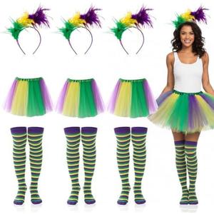 Shyyween 3 Set Mardi Gras Tutu Set Women Mardi Gras Costume Outfit Tulle Tutu Skirt Leg High Socks Faux Feather Headband for Carnival Masquerade Party Cosplay