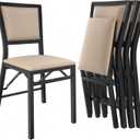 VECELO Folding Chairs Set of 2 with Cushion, Foldable Padded Seats with Heavy Duty Metal Frame for Kitchen/Dining/Living Room, No Assembly & Space Saving Design, Beige