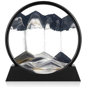 Herecanli Moving Sand Art Picture - 3D Quicksand Painting Decor - Round Glass 3D Deep Sea Sandscape - Relaxing Decoration for Home,Office,Desk,Mantle,Bookshelf,Room- (Black, 7 in)