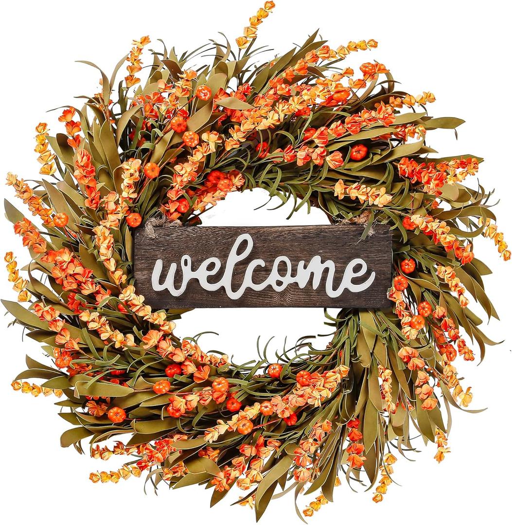 Sggvecsy Artificial Fall Wreath - 22'' Autumn Front Door Wreath with Harvest Foam Leaves, Small Pumpkins for Outside, Indoor Wall, Window Festival, Thanksgiving Decor
