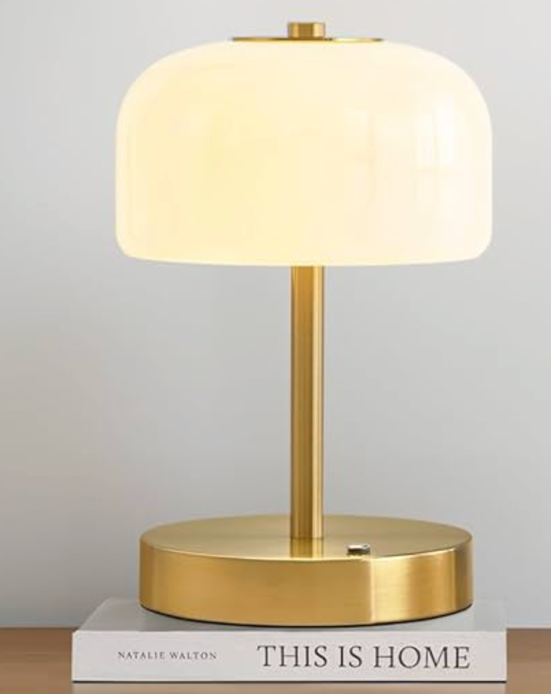 PORTRES Cordless Table Lamp Rechargeable Battery Operated Mushroom lamp Opal Glass Shade 3 Way Dimmable LED Touch Outdoor Lamp for Camping Bedroom Dining Living Room Beside Patio Restaurant,Gold