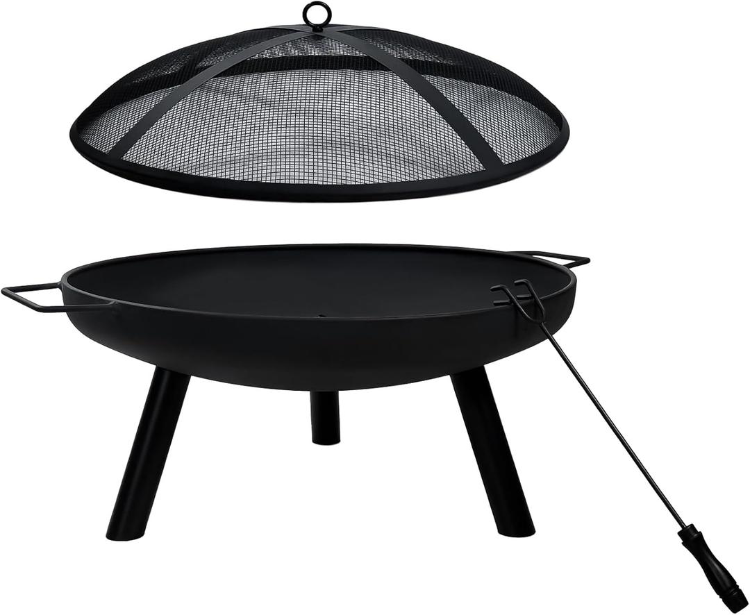 23inch Portable Fire Pit with Fire Poker and Spark Screen, 2 in 1 Small Round Outdoor Fireplace for Outside Heating, Bonfire Party, Camping, Backyard, Patio, Garden, RV Trip