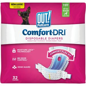 OUT! Petcare Disposable Dog Diapers, Female Dog Diapers, Incontinence Protection for Dogs, Heat Cycle Protection, Puppy Training Solution, 9-14 Waist, Toy, 32 Count