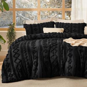 Bedsure Tufted Boho Comforter Set Queen Size - Black Boho Bed Set, GentleSoft 3 Pieces Farmhouse-Style Embroidery Bedding, Gifts for Woman, Soft Jacquard Queen Comforter for All Seasons (20 - Black - Elegant)