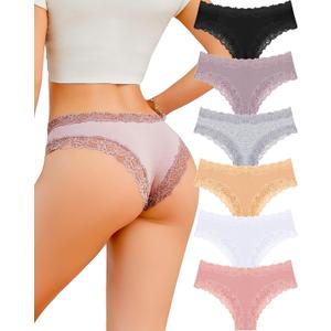 FINETOO Cotton Underwear for Women Sexy Panties Lace Hipster Low Rise Breathable Womens Cheeky 6 Pack (L)