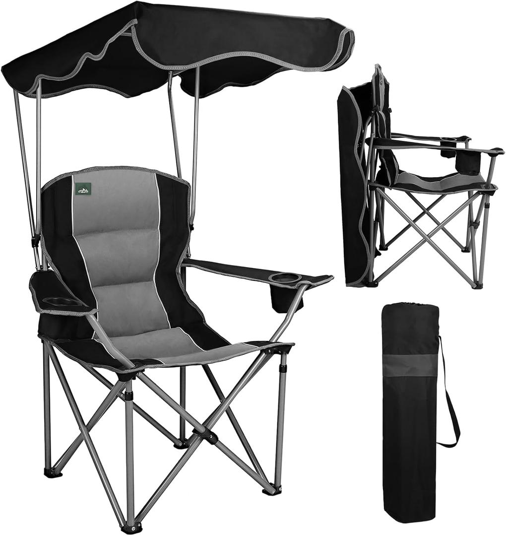 Northroad Folding Camping Chairs with Canopy Shade, Beach Chair w/Cup Holders, Armrests & Carry Bag for Outdoors Travel Sports Fishing, Black