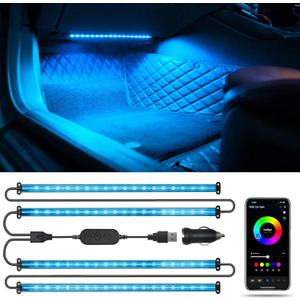 Car RGB LED Lights, Smart 48 LED Car Interior Light with APP Control, Under Dash Car Strip Lights, Music Mode, DIY Mode, 2 Lines Design Light with Charger, Ambient Lighting for Cars SUVs Trucks