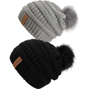 QUEENFUR Women Knit Slouchy Beanie Chunky Baggy Hat with Faux Fur Pompom Winter Soft Warm Ski Cap (B2-black/Soft Grey 2pack)