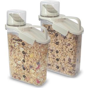 Two Pack Food & Cereal Storage Container - 2.6L Airtight Plastic Kitchen Organizer Bin with Pouring Spout, Measuring Cup Lid, Ideal for Dry Food, Rice, Sugar, Pet Food dispenser - BPA free (White)
