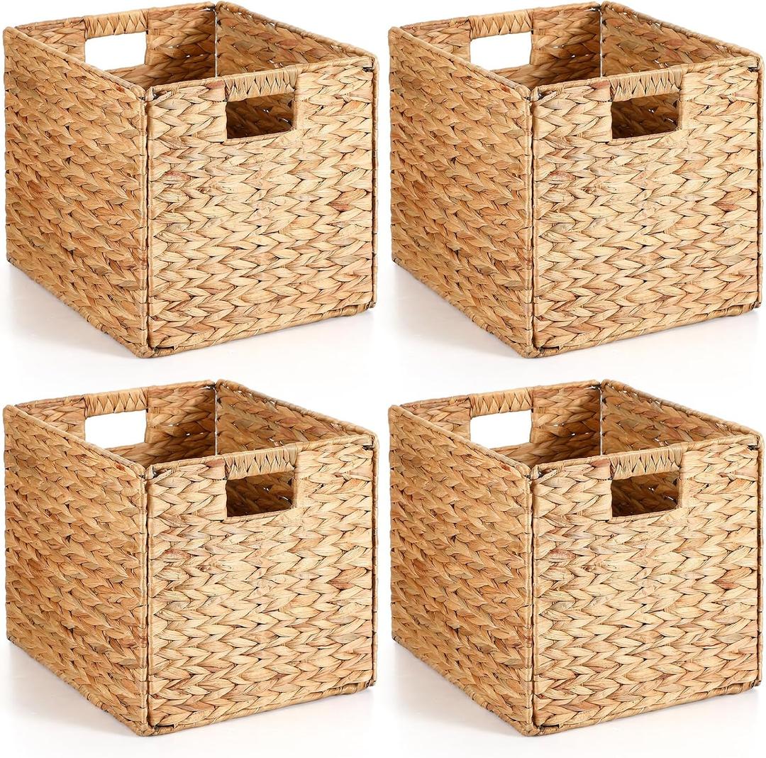 Layhit 4 Pcs Wicker Storage Basket Water Hyacinth Handwoven Baskets with Handles Foldable Woven Organizer Multipurpose Wicker Storage Bins for Bedroom Living Room(13 x 11 x 11'',Natural)