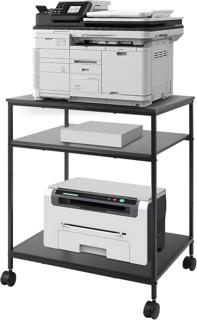 Sutex Large Printer Stand, 23.6" W x 18.9" D x 31.5" H Large Printer Table with Adjustable Storage Shelf, 3 Tier Rolling Printer Cart with Wheels for Home Office- Support 100 LBS Each Tier (Black)