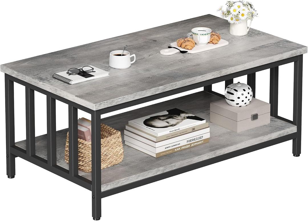 Homeiju Coffee Table for Living Room with Slatted Sides Frame, Modern Farmhouse Living Room Table with 2-Tier Storage Shelf for Home Office, Apartment, Grey Wash, 39 inch, 39.4L*21.6W*18.1H
